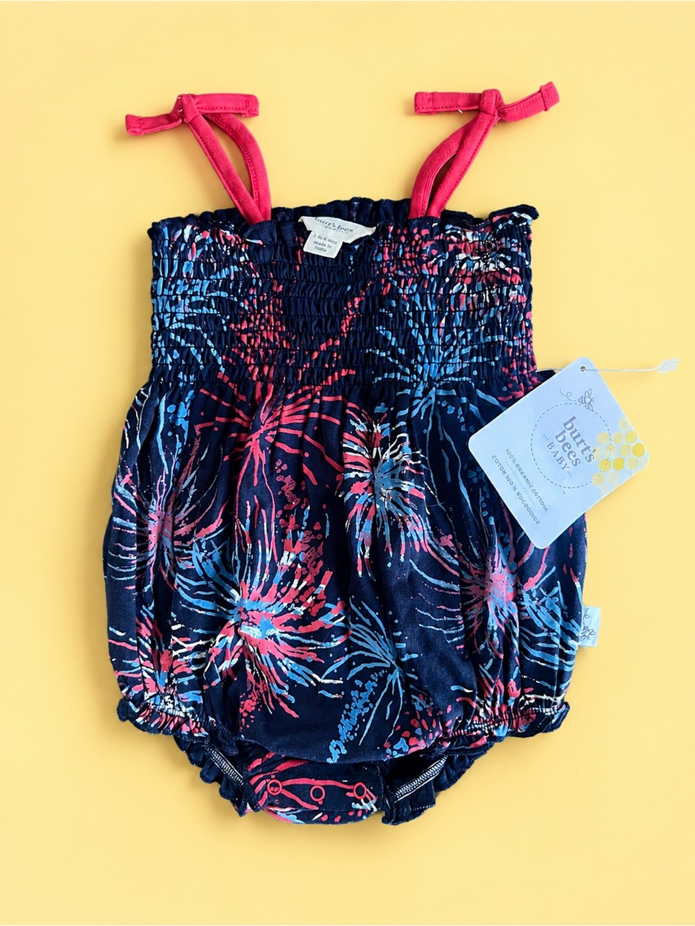 Burt's Bees Baby Navy Multicolor Firework Print Romper with Pink Straps
